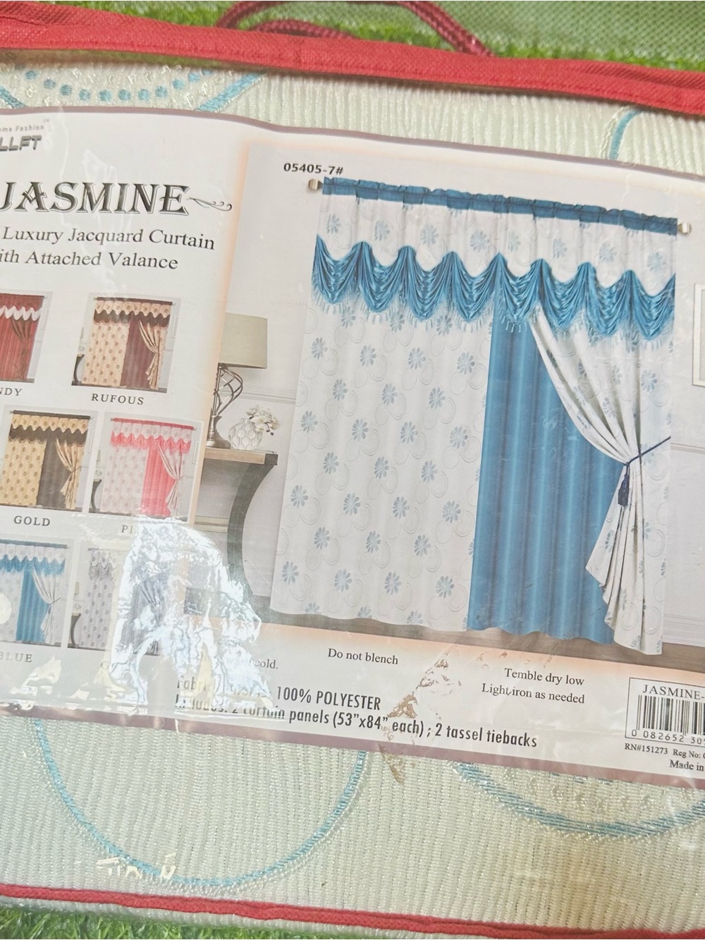 Jasmine Blue and White Jacquard Curtain Set with Attached Valance